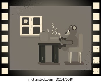 Cartoon brown bear eating soup at kitchen