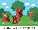 Cartoon brown bear in forest. Wild animal group in clearing. Mom with child. Grizzlies collecting and eating honey. Flowers and berries. Woodland fauna. Predator mammals