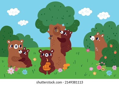 Cartoon brown bear in forest. Wild animal group in clearing. Mom with child. Grizzlies collecting and eating honey. Flowers and berries. Woodland fauna. Predator mammals - Shutterstock ID 2149381113