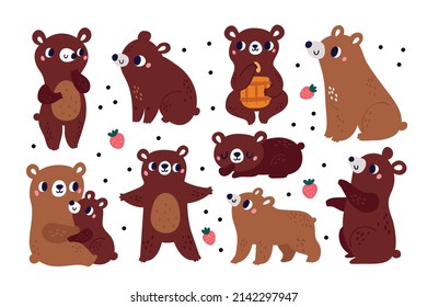 Cartoon brown bear. Funny forest animals. Predatory mammals with honey and berries. Characters in different poses and actions. Cute mother and child. Woodland fauna