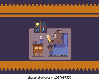 Cartoon brown bear at home reading book