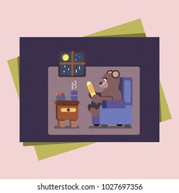 Cartoon brown bear at home reading book
