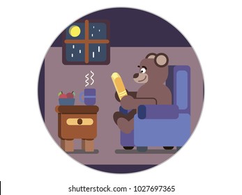Cartoon brown bear at home reading book