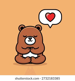 Cartoon brown bear in lotus position with heart in thought bubble