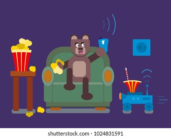 Cartoon brown bear play with drone