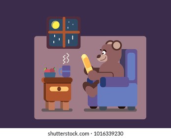 Cartoon brown bear reading book at home flat illustration