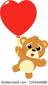 Cartoon Brown Bear with Red Heart Shape Balloon