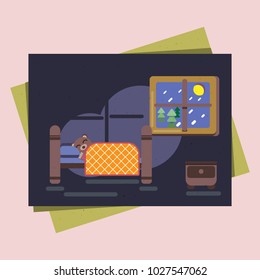 Cartoon brown bear sleeping in his bed at home