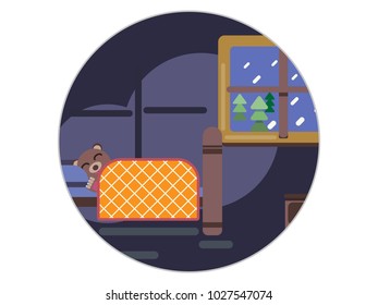 Cartoon brown bear sleeping in his bed at home