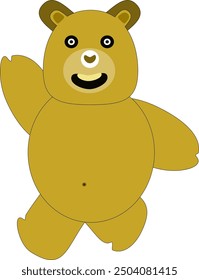 A cartoon brown bear is smiling happily. This bear has a round body, small arms and big ears, standing with one arm raised. The background is white.