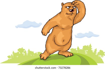 The cartoon brown bear is standing on the green glade and watching for something important..
This is the editable vector image saved in EPS file.