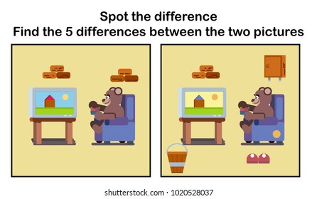 Cartoon brown bear watching tv at home flat illustration with find five differences puzzle