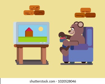 Cartoon brown bear watching tv at home flat illustration