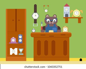 Cartoon brown bear watchmaker