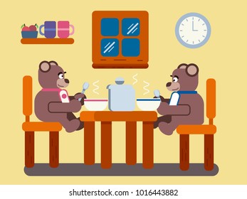 Cartoon brown bears eating soup at home flat illustration