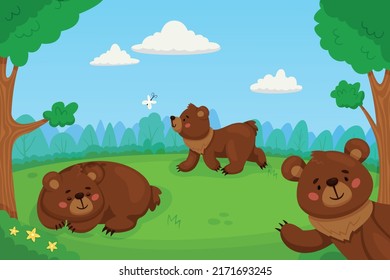 Cartoon Brown Bears In Forest. Funny Mammals In Woodland Clearing, Wilde Nature Characters, Big Cave Grizzly, Wild Animals Walking, Kids Background, Recent Vector Isolated Concept