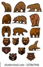 Cartoon brown bears and grizzly in different poses and aggressive bear heads for tattoo, mascot or wildlife design