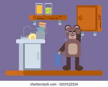 Cartoon brown bears tired from washing plates flat illustration 