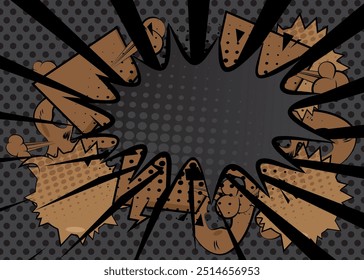 Fundo marrom e preto dos desenhos animados, pano de fundo dos quadrinhos. Quadrinhos vetoriais retrô com design de arte pop.