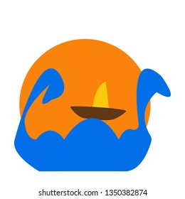cartoon brown boat with an orange sail is floating on the sea waves against the backdrop of the setting sun the concept of summer and travel