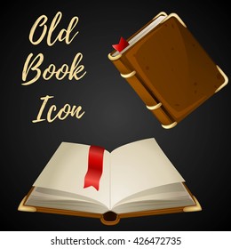 Cartoon Brown Book Open And Closed With Red Ribbon, Vector Illustration.