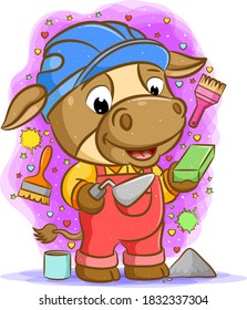 The cartoon of the brown builder cow holding cement spoon with brick