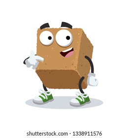 cartoon brown cane sugar cube mascot showing himself on a white background