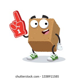 cartoon brown cane sugar cube character mascot with the number 1 one sports fan hand glove on a white background