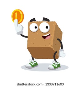 cartoon brown cane sugar cube mascot keeps the coin on white background