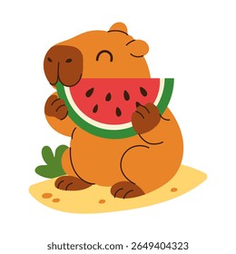 A cartoon of a brown capybara eating a watermelon. The capybara is smiling and holding the watermelon in its mouth