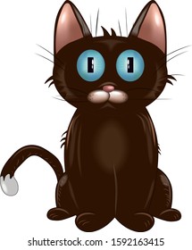 Cartoon brown cat with big blue eyes. Vector