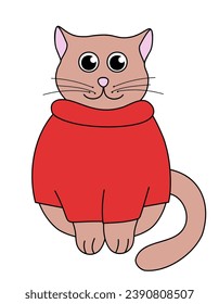 Cartoon Brown Cat character. Cute Kitten with red sweater. Vector flat illustration.