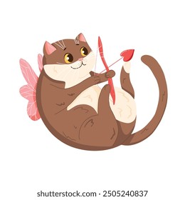 Cartoon brown cat for Valentines Day. Adorable animal. Funny flying cupid. Love Day. Graphic element for website, print, sticker, card. Flat hand drawn vector illustration isolated on white background