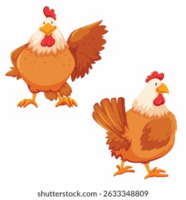 Cartoon Brown Chickens Set Isolated on White