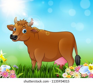 Cartoon brown cow with nature background