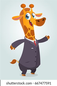 Cartoon brown cute giraffe school teacher. Funny giraffe school teacher mascot 