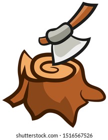Cartoon brown cute round stump and ax stuck into it