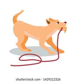 Cartoon Brown Dog Pull Rope Vector Illustration. Cute Playful Puppy Drag Walk Leash. Happy Doggy Want to Play at Playground. Friendly Pet. Domestic Animal Training. Pet Friend. Summer Fun Park
