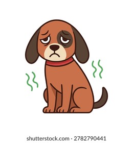 Cartoon brown dog with sad expression and stinky green odor lines