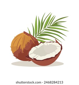 Cartoon brown exotic whole coconut, half and green leaf. Summer fruits for healthy lifestyle. Organic fruit. Vector illustration isolated on white.