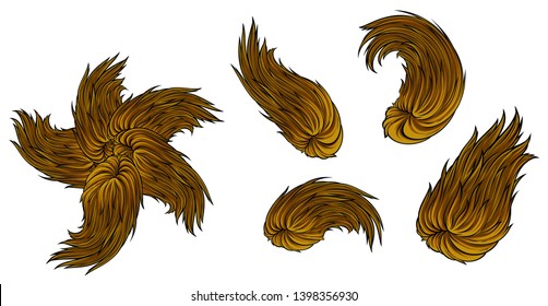 Cartoon brown flying alien monster star and comets. Isolated on white background. Vector icon set.