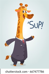Cartoon brown giraffe dressed up in office suit presenting. Vector art illustration. Fashion animal or business animal. Giraffe mascot businessman 