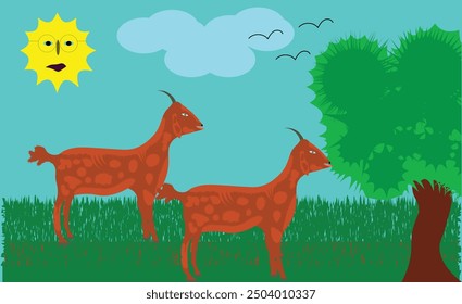 Cartoon brown Goats in the forest Infront of the tree. Cartoonist outdoor scene. Eagles flying behind the clouds. Sun in the blue sky. Editable vector EPS available