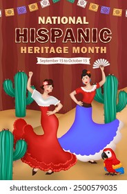 Cartoon brown greeting card with 3d traditional paper garlands and two cheerful Woman in dresses performing Latin dance on the sand among cacti. Poster for Hispanic Heritage Month with ethnic pattern