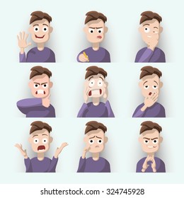 Cartoon brown haired young man on nine different face expressions collection