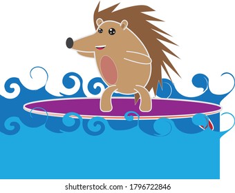 
cartoon of a brown hedgehog surfing the open sea