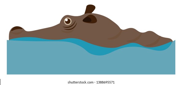 Cartoon brown hippo swimming in the water of a pond looks cute  vector  color drawing or illustration