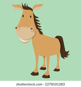 A cartoon with a brown horse on a green background.