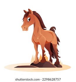 Cartoon brown horse stands on a white background. Cute pony illustration. Vector illustration. Cartoon style.