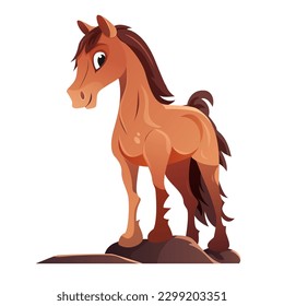 Cartoon brown horse stands on a white background. Cute pony illustration. Vector illustration. Cartoon style.